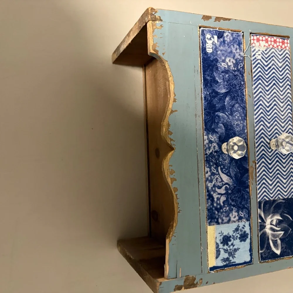Shabby Chic Blue Distressed Mini Chest 3 Drawers Patchwork Fabric Jewelry Box